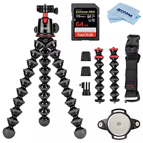 JOBY GorillaPod 5K Kit + Rig Upgrade, Professional Tripod Stand with Ball Head for DSLR or Mirrorless Cameras with Lens (up to 11lbs/5kg) Black/Charcoal Bundle with 64GB SD Card, Cloth