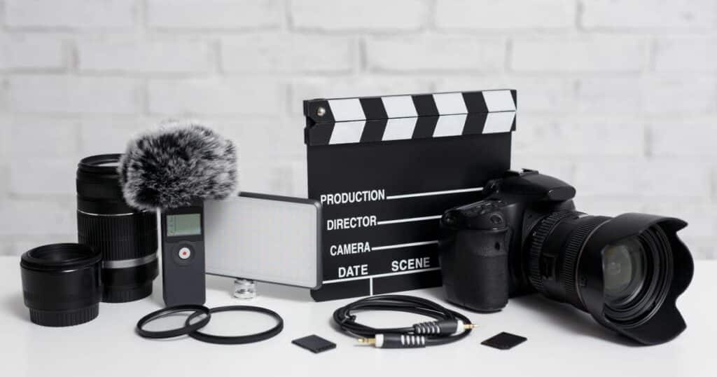 videography concept modern dslr camera lenses microphone